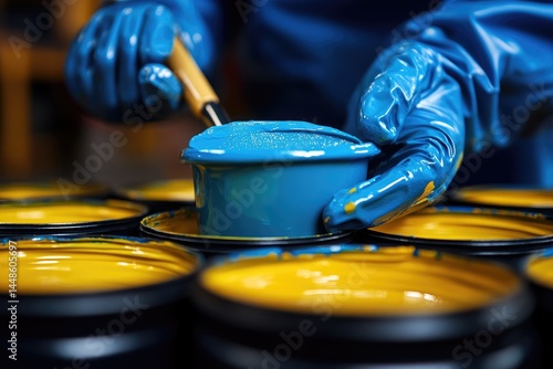 Obraz na płótnie A persons hands working with blue and yellow colored paint w salonie