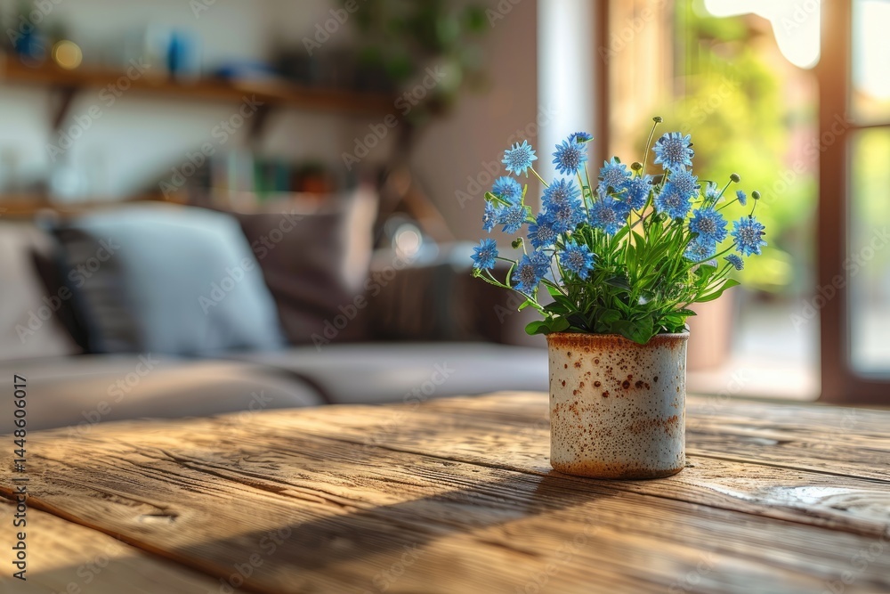 A potted floral arrangement rests on a wooden table near windows