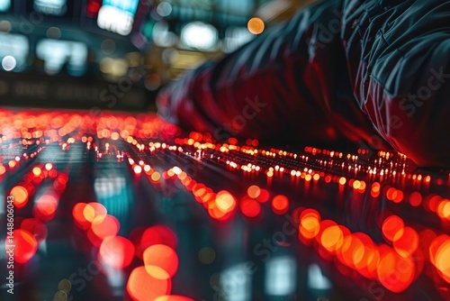 A person observing a light display with many red blurred lights