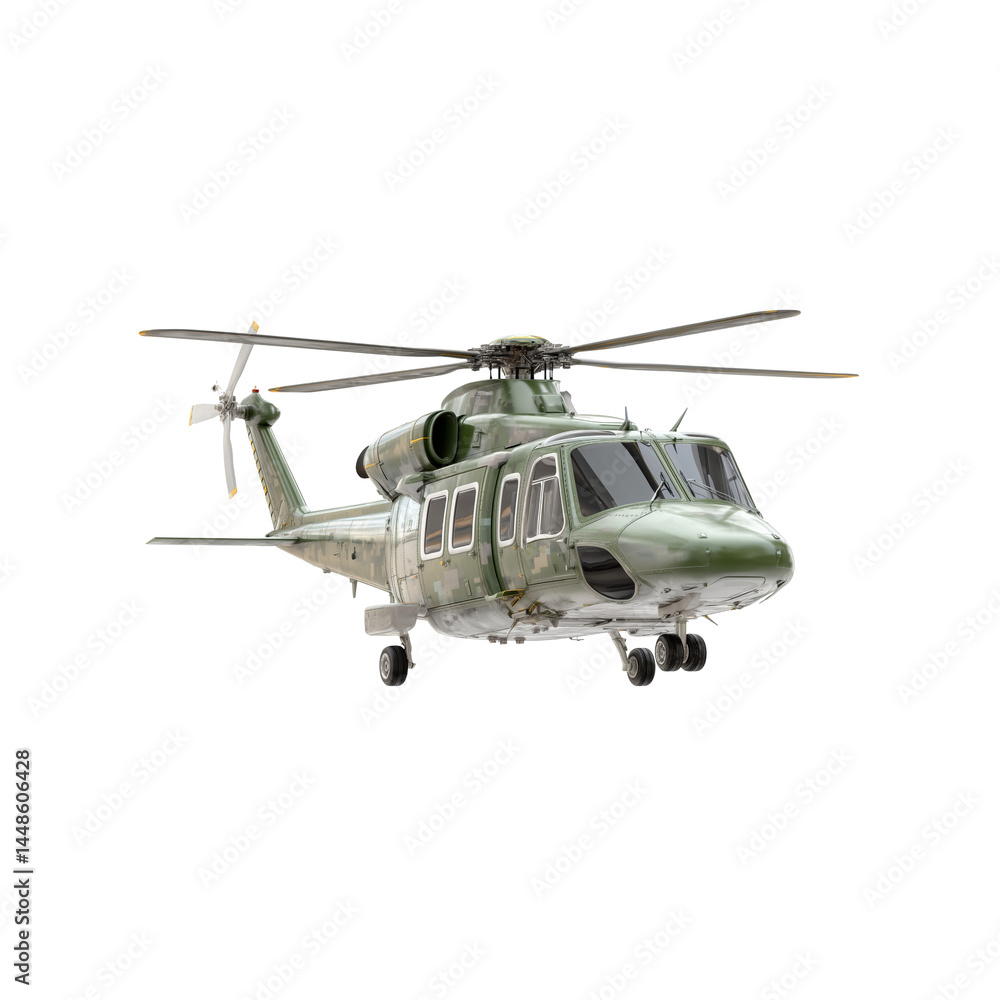 Fototapeta premium A military helicopter with a sleek design, featuring a green exterior and multiple rotor blades, ready for flight.