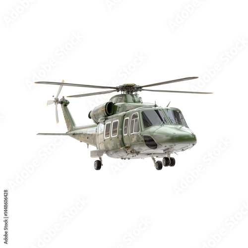 A military helicopter with a sleek design, featuring a green exterior and multiple rotor blades, ready for flight.
