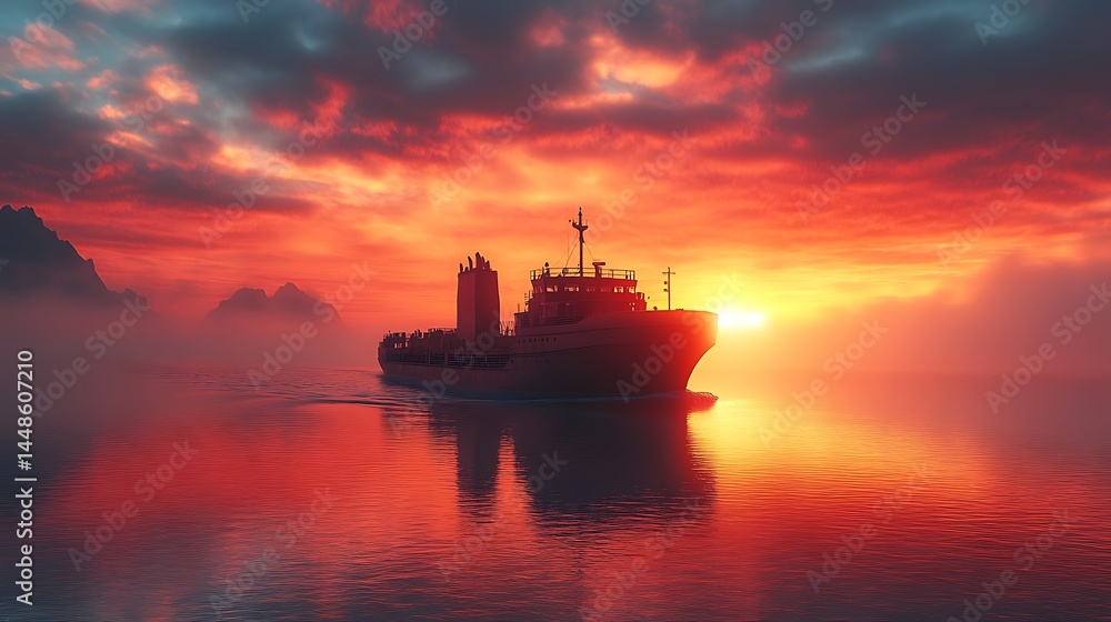 Cargo Ship Sailing Calm Ocean Waters Under Vivid Red Sunset High Resolution Photo Cargo Ship Sailing Calm Ocean Waters Under Vivid Red Sunset High Resolution Photo