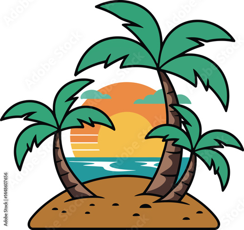 A serene tropical island with silhouette palm trees graces the sandy beach by the blue sea, an illustration of summer paradise