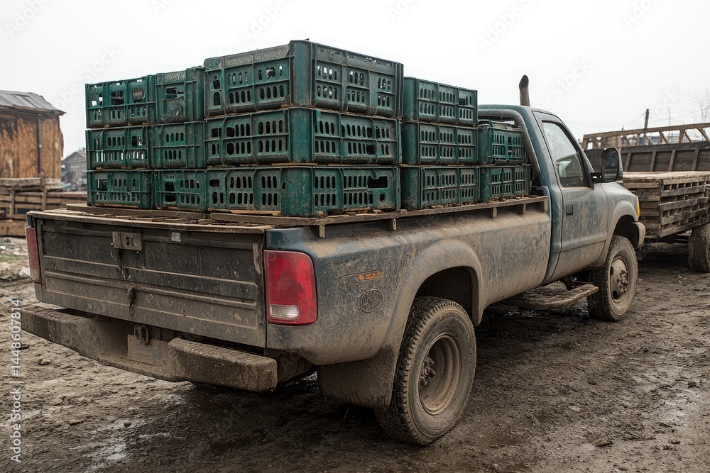 A pickup truck loaded with stacked green transport crates