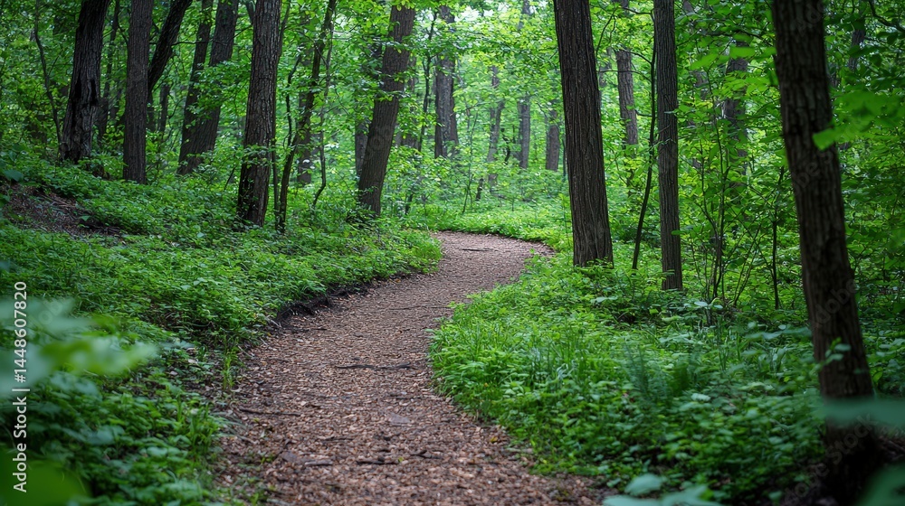 Obraz premium Winding path through lush forest foliage.