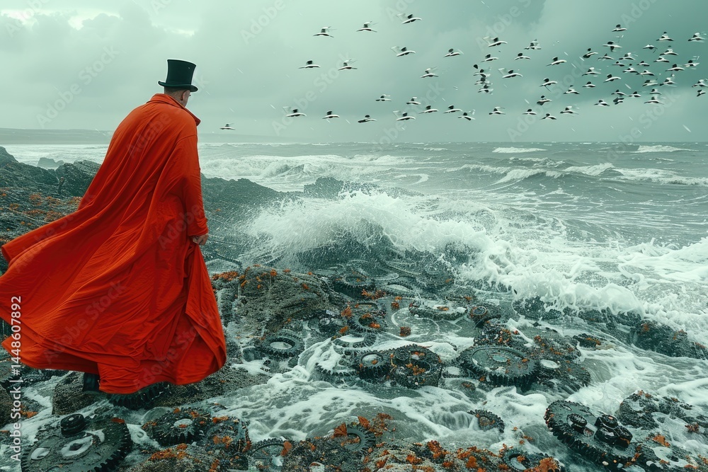 A person in red coat observing the stormy ocean waves and seagulls