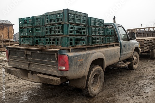Obraz na płótnie A pickup truck loaded with stacked green transport crates w salonie