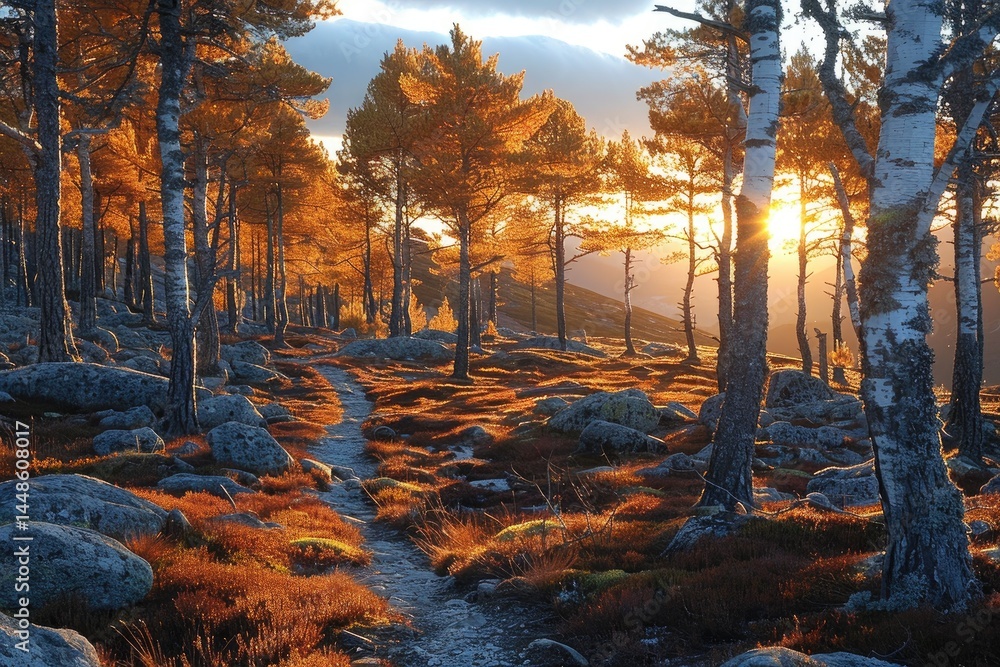 A picturesque forest trail bathed in the soft glow of sunset