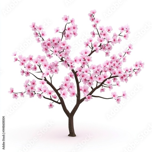 Stunning Pink Cherry Blossom Tree in Full Bloom Against White Background: A Digital 3D Render of Springtime Beauty