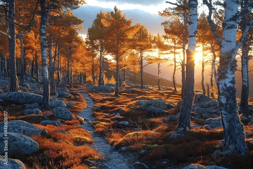 Obraz na płótnie A picturesque forest trail bathed in the soft glow of sunset w salonie