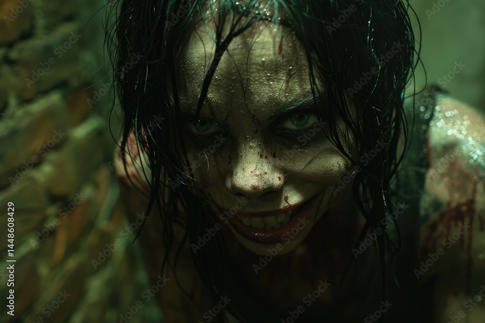 A person with bloody face stares at the camera directly