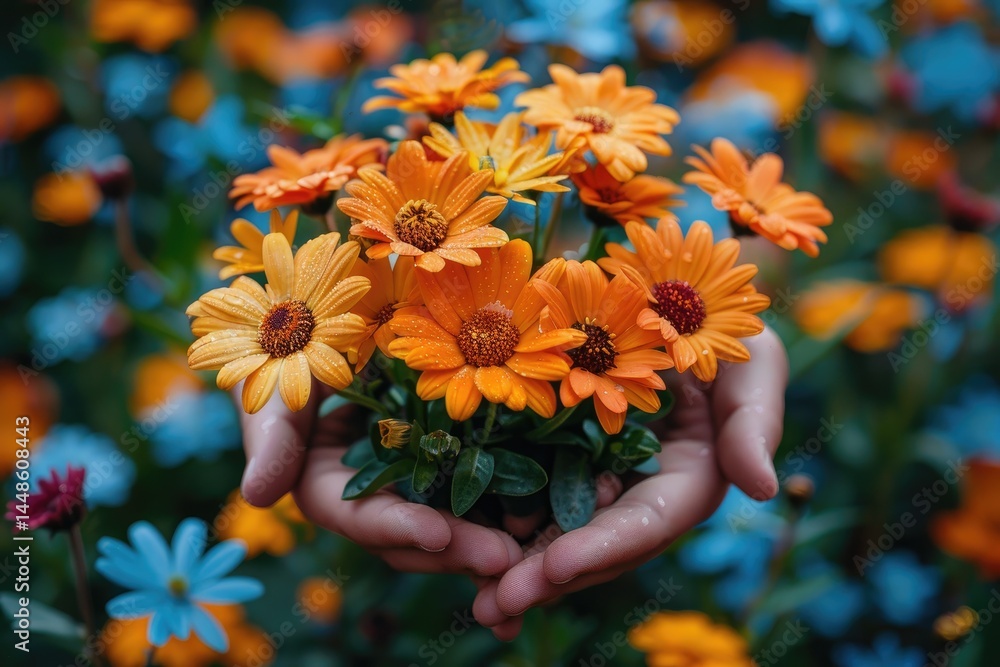 A persons hands gently holding a vibrant bouquet of orange flowers