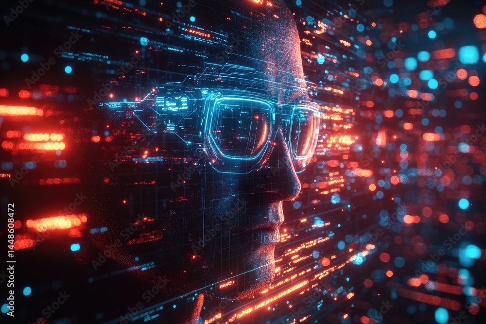 A person wearing futuristic digital glasses amid data streams