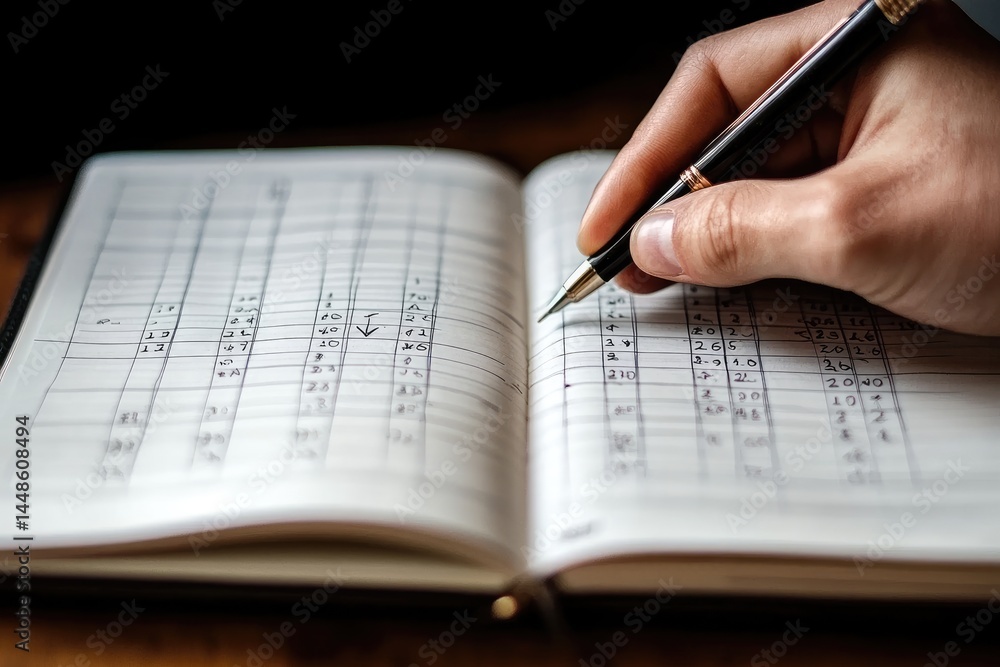 A person is writing in a notebook with black ink pen