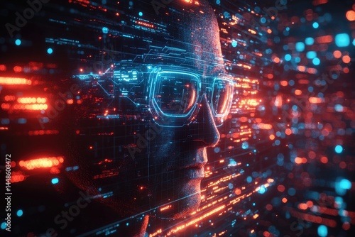 Obraz na płótnie A person wearing futuristic digital glasses amid data streams w salonie