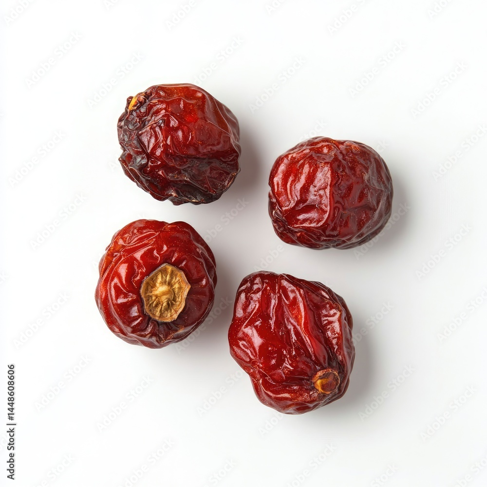 Closeup of Four Dried Red Jujube Fruits on White Background: A Detailed View of Wrinkled Texture and Rich Color Closeup of Four Dried Red Jujube Fruits on White Background: A Detailed View of Wrinkled Texture and Rich Color