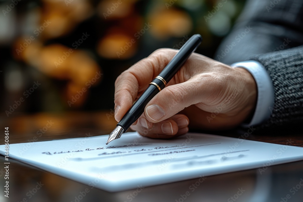 A person is writing on paper using a fountain pen