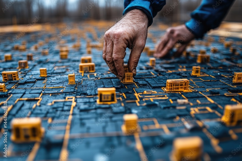 A person is carefully arranging small yellow architectural models