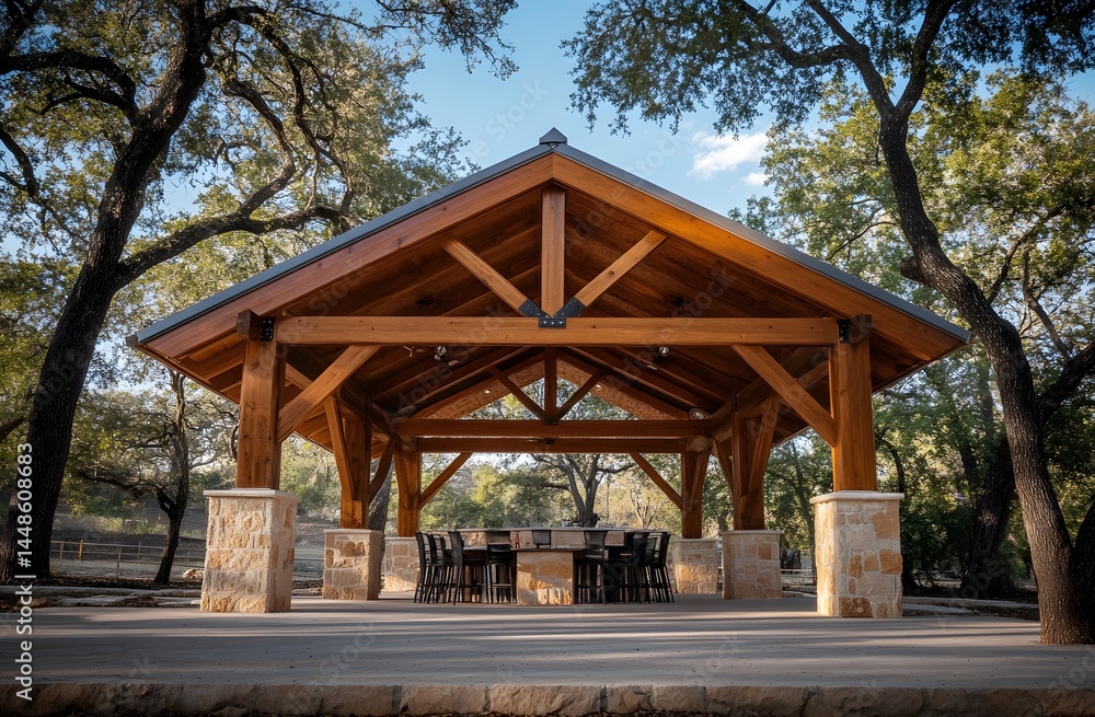 Outdoor wooden pavilion with stone accents and patio furniture. Outdoor wooden pavilion with stone accents and patio furniture.
