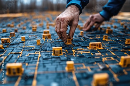 Obraz na płótnie A person is carefully arranging small yellow architectural models w salonie