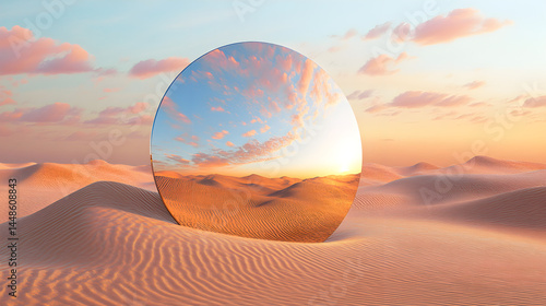Large mirror at sand desert photorealistic scenes orientalist landscapes geometric surrealism abstract surreal concept 3D Illustration 