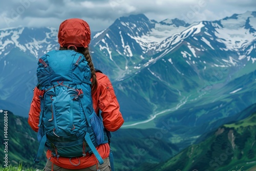 Obraz na płótnie A person wearing a backpack looking at mountains in nature w salonie
