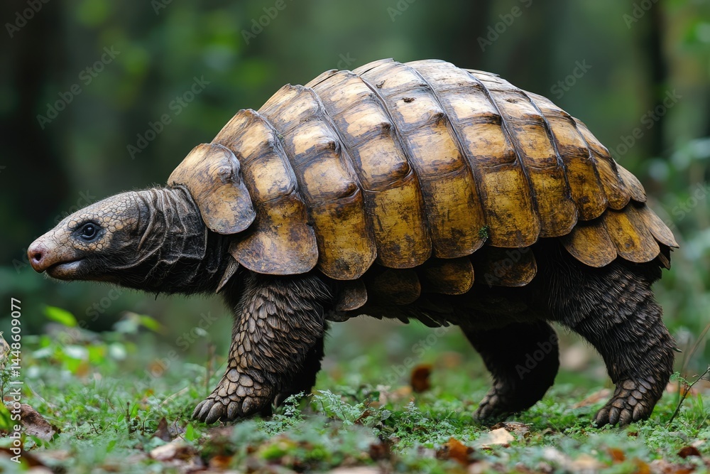 A plated tortoise walks through a forest environment