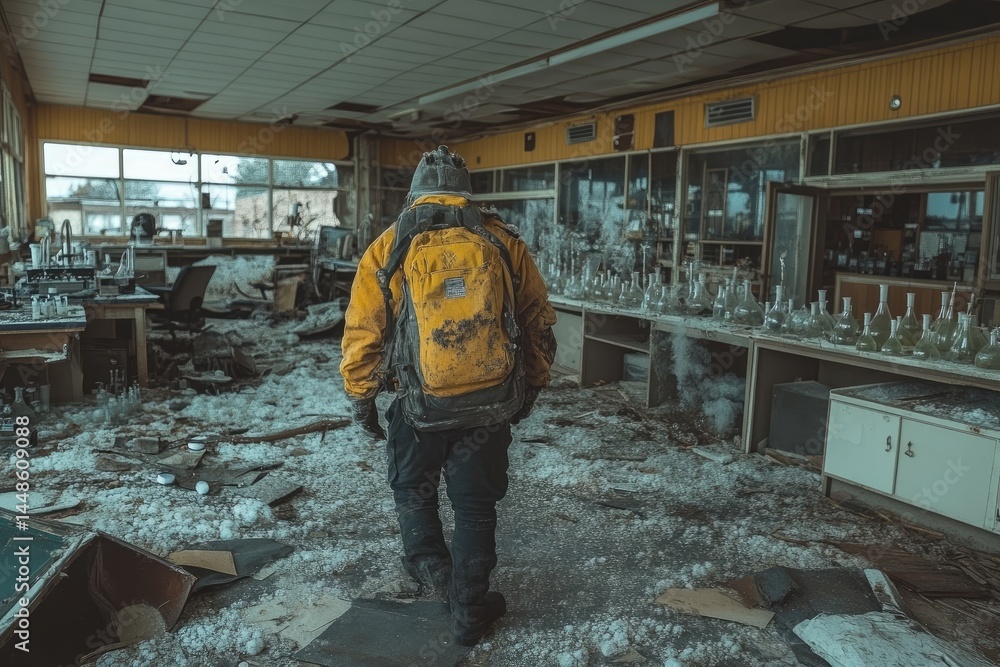 A person walks through a ruined and abandoned laboratory