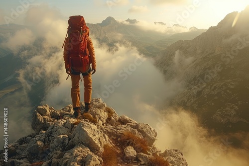 A person stands atop a mountain looking at the view