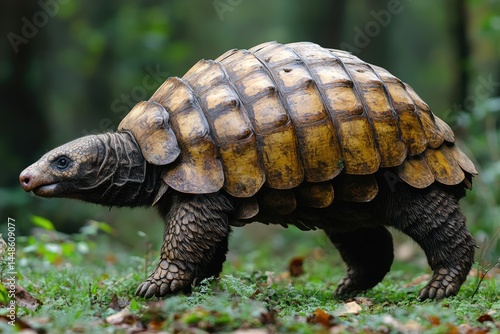 Obraz na płótnie A plated tortoise walks through a forest environment w salonie