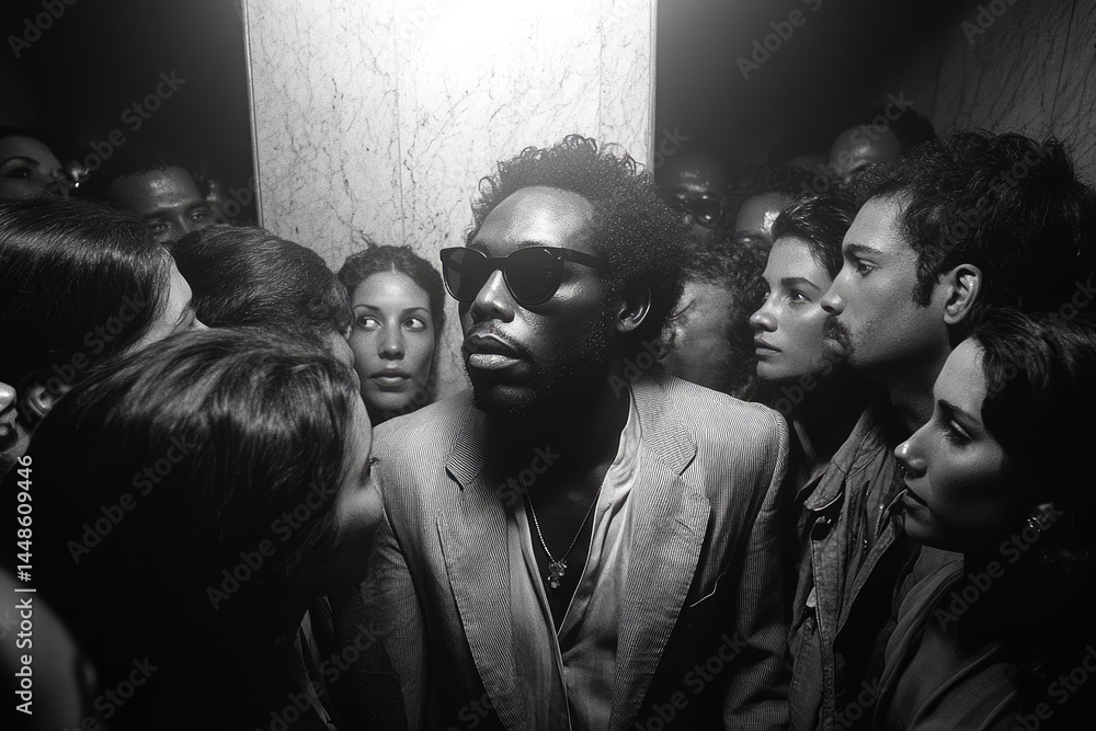 A person wearing sunglasses surrounded by many people in an enclosed space