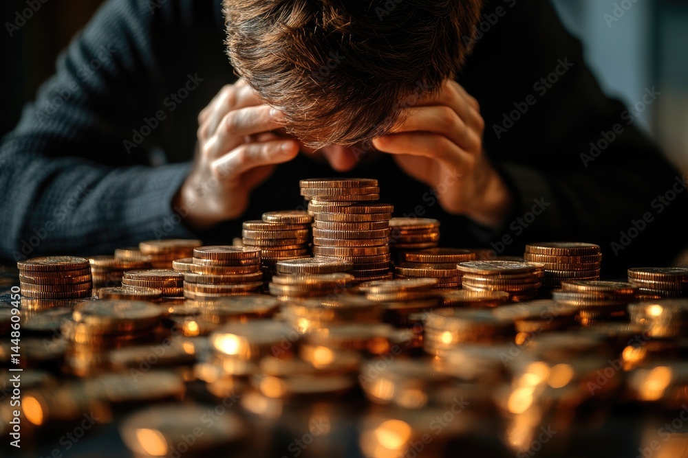 A person looks at a pile of coins with their head down