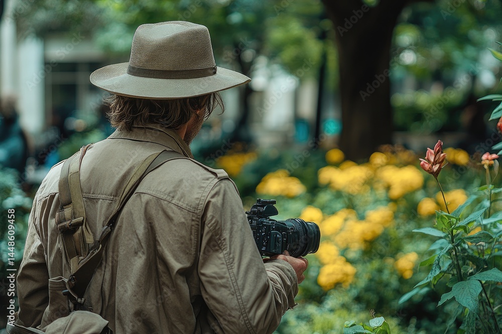 A photographer wearing a hat takes pictures of plants outside