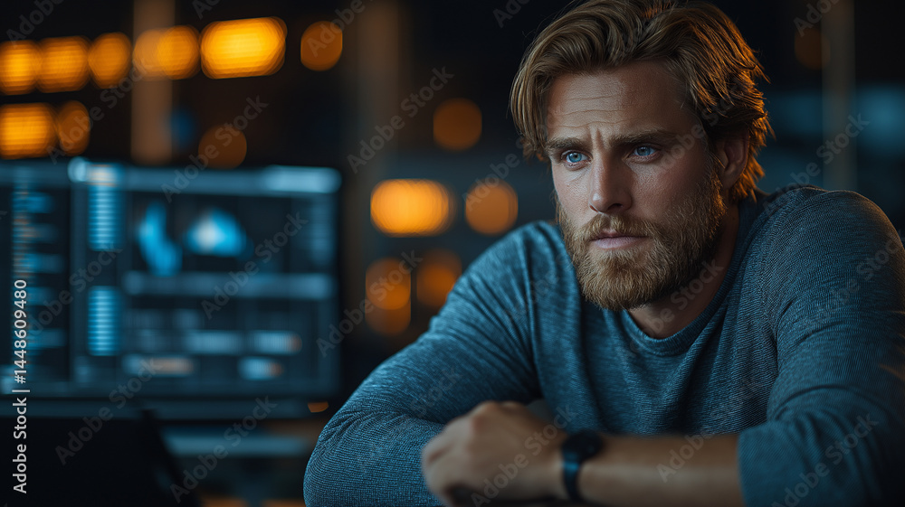 Obraz premium Young Bearded Man in High-Tech Office Setting with Thoughtful Expression