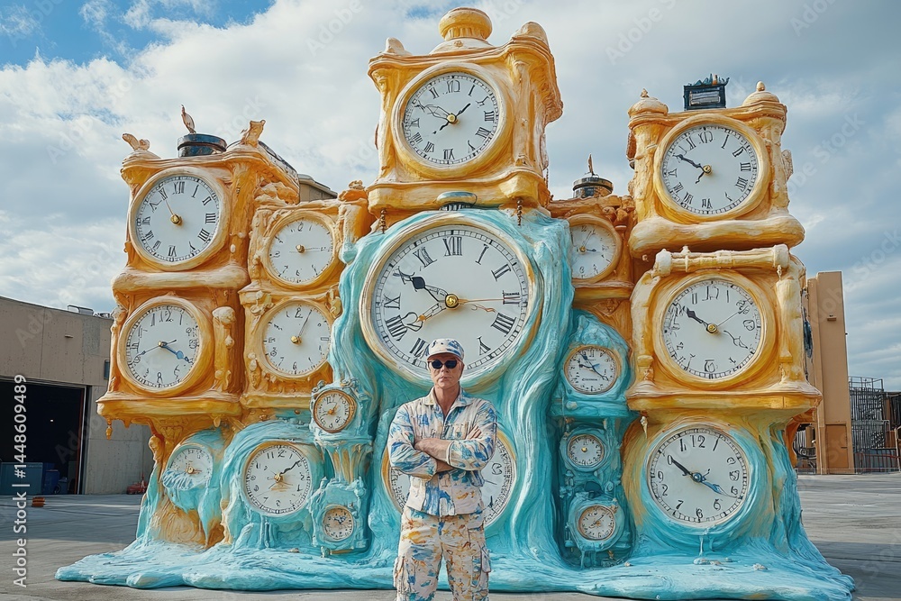 A person poses in front of many clock sculptures