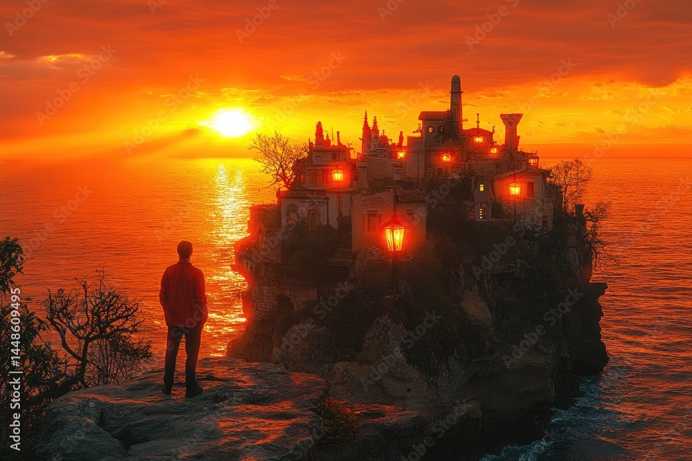 A person observes a glowing town on a seaside cliff during sunset