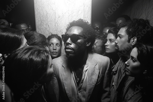 Obraz na płótnie A person wearing sunglasses surrounded by many people in an enclosed space w salonie