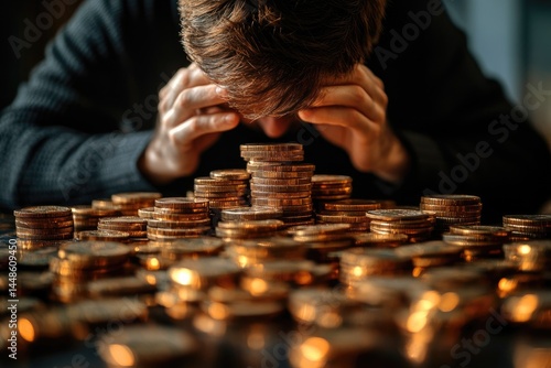 Obraz na płótnie A person looks at a pile of coins with their head down w salonie