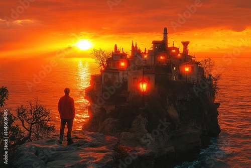 Obraz na płótnie A person observes a glowing town on a seaside cliff during sunset w salonie