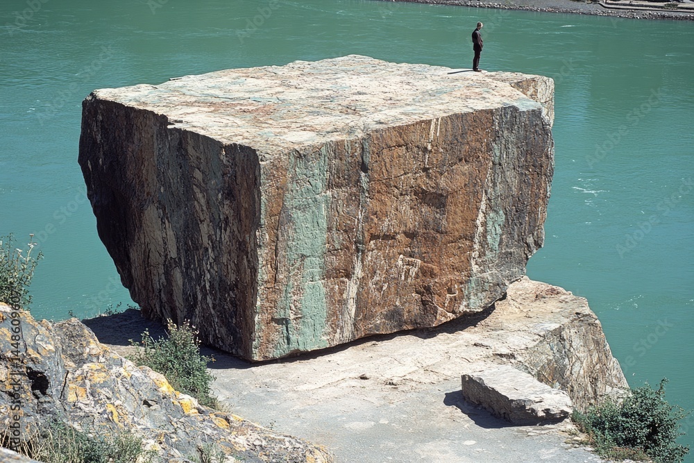 A person standing on a large stone overlooking a river