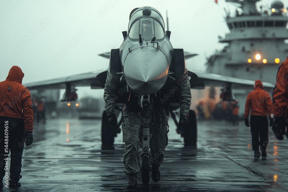 A person walking towards the aircraft on a wet carrier deck