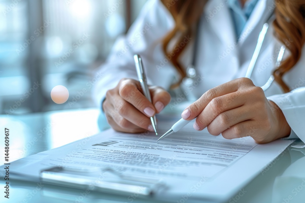A physician writes on a medical form with two pens held