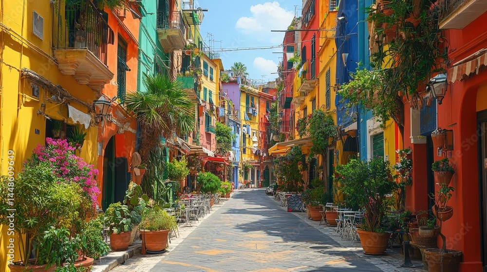 Fototapeta premium Colorful European alleyway lined with vibrant buildings.
