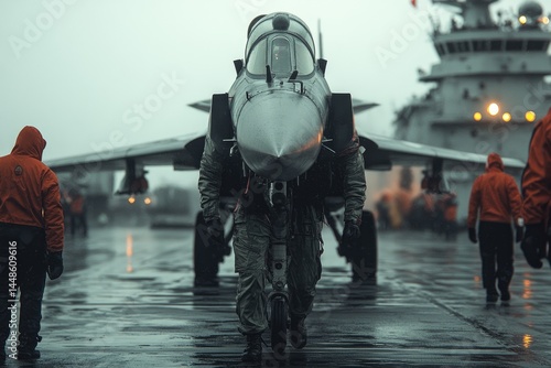 Obraz na płótnie A person walking towards the aircraft on a wet carrier deck w salonie