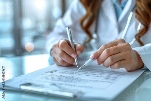 Obraz na płótnie A physician writes on a medical form with two pens held w salonie