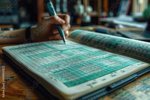A person writes on a notebook filled with various details