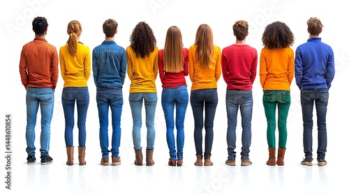 Diverse group of people standing in a line, facing away from the camera
