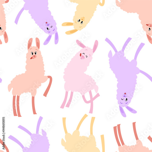 Cheerful pastel llamas in seamless pattern on white background