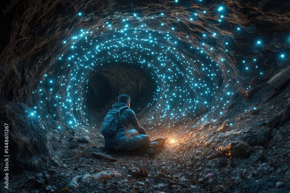 A person sits inside a glowing cave observing the bright lights