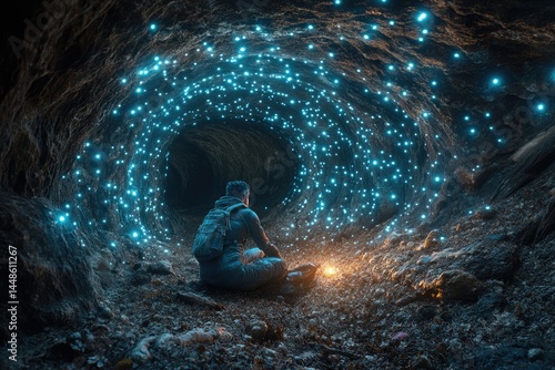 Obraz na płótnie A person sits inside a glowing cave observing the bright lights w salonie